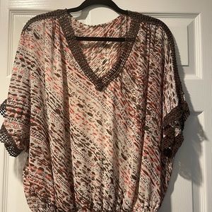 Brown, cream and coral top.